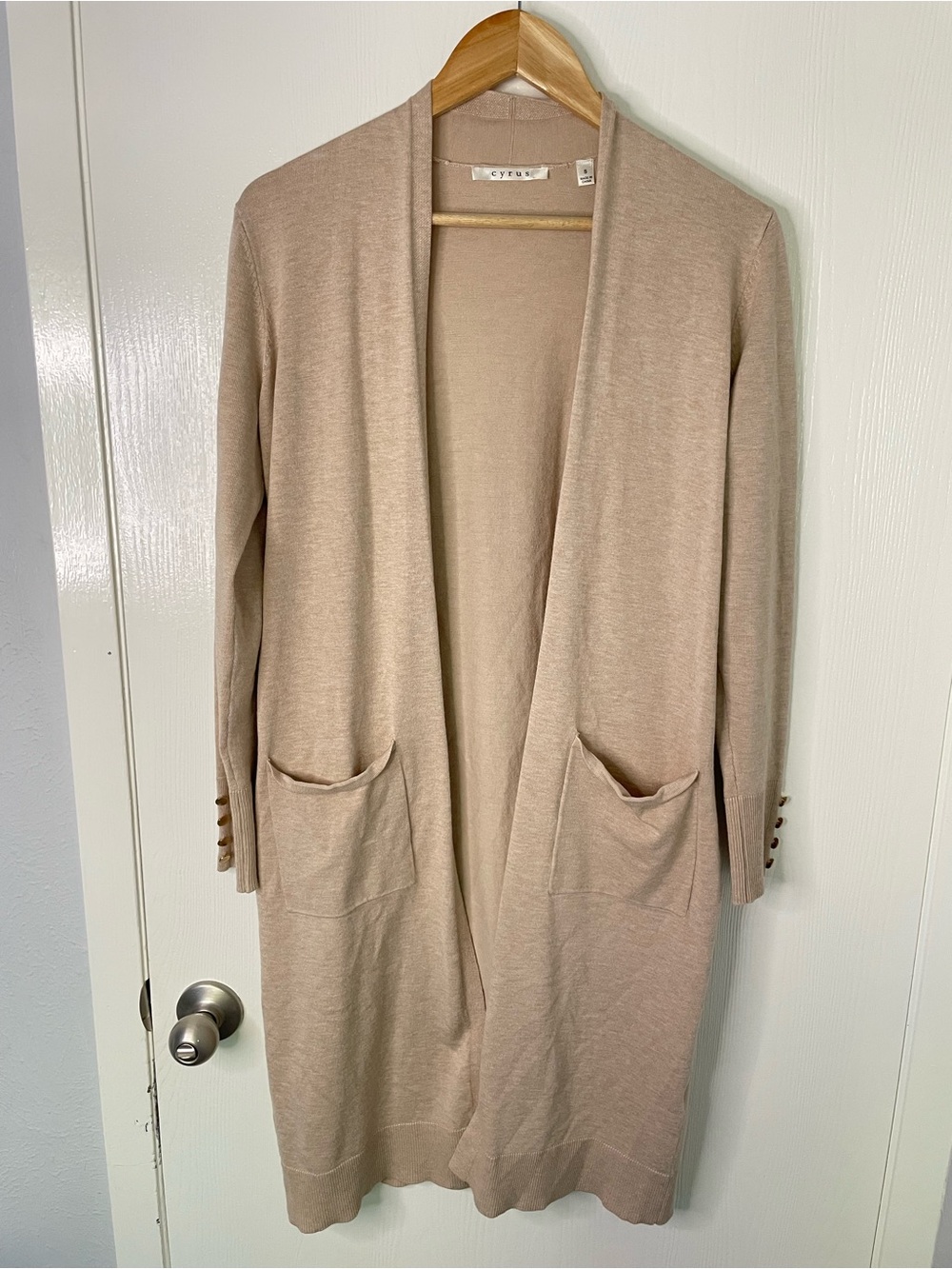 Cyrus Long Open Front Cardigan Small Beige Duster Pocket Button Cuff - Picture 2 of 8